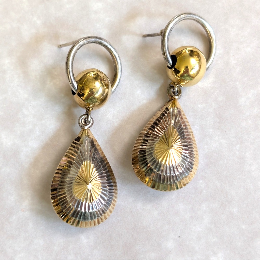 Sterling Silver 2 Tone Dangle Earrings Gold Vermeil Teardrop Sunburst 10.8g